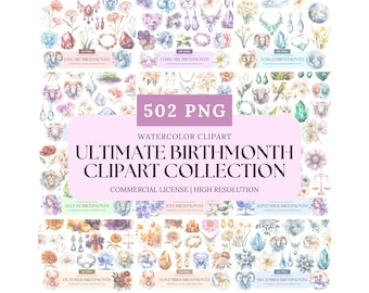 Birth Month Clipart Bundle Watercolor Zodiac Birthstone Flower PNG Set January to December Digital Download