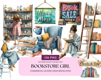 Bookstore Girl Watercolor Clipart Cozy Reading PNG Book Lover Aesthetic Journal Stickers Coffee Books Art for Planners, Sublimation