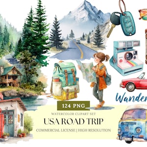 USA Road Trip Watercolor Clipart Set Travel Aesthetic PNG Route 66 Van Camper Journal Scrapbook Vacation Planner Art