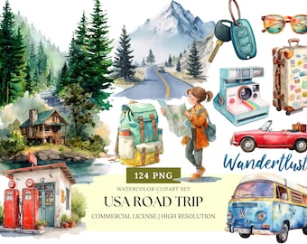 Conjunto de imágenes prediseñadas de acuarela para viajes por carretera en EE. UU., estética de viaje, PNG, Ruta 66, furgoneta, autocaravana, diario, álbum de recortes, planificador de vacaciones, arte