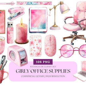 Girly Office Supplies Clipart Bundle Watercolor Laptop Planner Pen Pink Desk Accessories PNG for Small Business Boss Babe Workspace Art