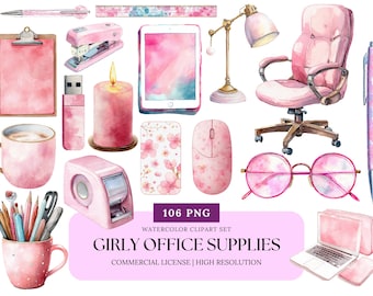 Girly Office Supplies Clipart Bundle Watercolor Laptop Planner Pen Pink Desk Accessories PNG for Small Business Boss Babe Workspace Art