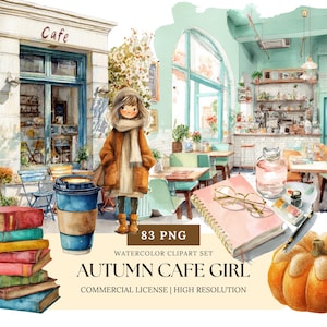 Autumn Café Girl Clipart Set Fall Coffee Fashion Cozy Girl Watercolor Clipart Café Scene Book Coffee Cup Clip Art