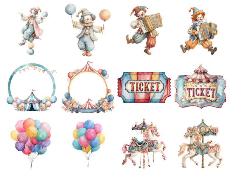 Vintage Circus Watercolor Clipart Bundle Clown Carnival Tent Cotton ...