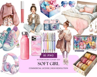 Soft Girl Aesthetic Watercolor Clipart Set | Pastel Scrunchies Daisies Polaroids PNG Cottagecore Clipart Slow Living PNG Pastel Aesthetic