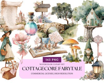 May include: Watercolor clipart set featuring a cottagecore fairytale theme. Includes illustrations of a witch, fairy, gnome, treehouse, mushrooms, a bridge, a scroll, a castle, and a picnic basket. The set also includes a bottle, a key, and a signpost. The text reads "143 PNG, Watercolor Clipart Set, Cottagecore Fairytale, Commercial License, High Resolution."