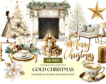 Elegant Gold Christmas Watercolor Clipart Set Luxury Holiday Decor Winter Floral PNG Bundle