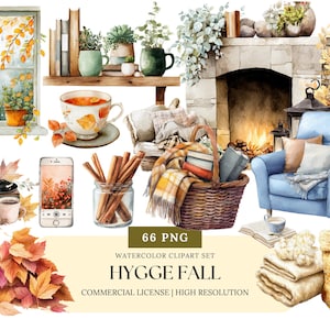 Hygge Fall Watercolor Clipart Cozy Autumn Lifestyle PNG Set Warm Aesthetic Autumn Decor Journaling Clip Art Bundle