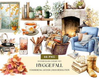 May include: Watercolor clipart set featuring cozy autumn elements. Includes a fireplace, armchair, window, books, teacup, basket, and fall leaves. The color palette includes warm tones of orange, brown, and blue, evoking a sense of comfort and relaxation.