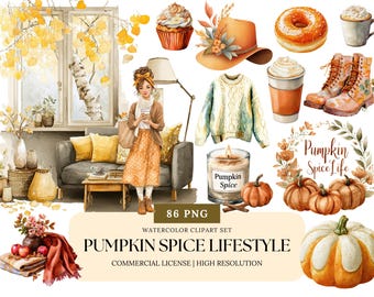 Pumpkin Spice Clipart Cozy Fall Lifestyle Autumn Girl Coffee Mug Watercolor Clipart Pumpkin Latte Fashion PNG Bundle