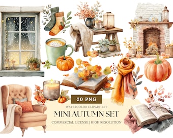 Op de afbeelding: Watercolor clipart set met herfstthema-illustraties. Bevat een raam, sokken, een mok koffie, pompoenen, een sjaal, een open haard, een fauteuil, boeken en kaarsen. De tekst luidt "Mini Autumn Set".