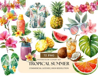 Tropical Summer Watercolor Clipart Set Flamingo Pineapple Palm Leaf Hibiscus PNG Bundle for Invitations Stickers Sublimation