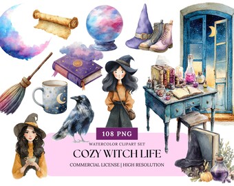 Cozy Witch Life Clipart Watercolor PNG Set Magical Autumn Aesthetic Cottagecore Witchy Elements Book Tea Cat Crystal Clip Art