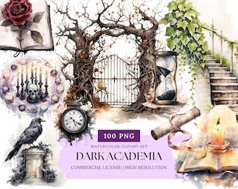 Dark Academia Watercolor Clipart Set Gothic Ephemera Vintage Journal Art 100 PNGs Occult Witchy Victorian Aesthetic Instant Download