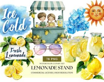 Lemonade Stand Summer Clipart Set Watercolor Kids Party Decor Lemon PNG for Stickers Invitations Branding