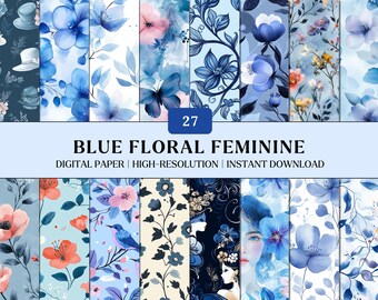 Blue Floral Digital Paper Watercolor Feminine Backgrounds Scrapbook Paper Printable Floral Texture Pack