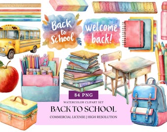 Conjunto de imágenes prediseñadas de acuarela de útiles escolares, lindas pegatinas de papelería escolar, descarga digital, decoración para el aula, planificador de maestros, arte