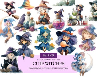 Cute Cartoon Witches Watercolor Clipart Set Halloween PNG Bundle Magical Witch Girl Stickers Spell Potion Cauldron Clip Art