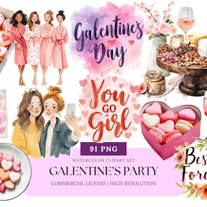 Galentine’s Party Watercolor Clipart Set | Girls Night Valentine PNG, Friendship Love Clipart