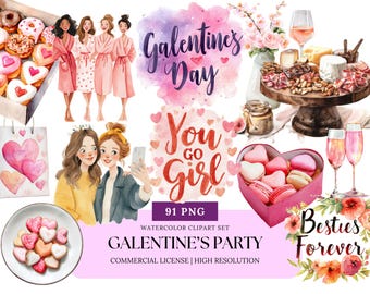 Galentine’s Party Watercolor Clipart Set | Girls Night Valentine PNG, Friendship Love Clipart