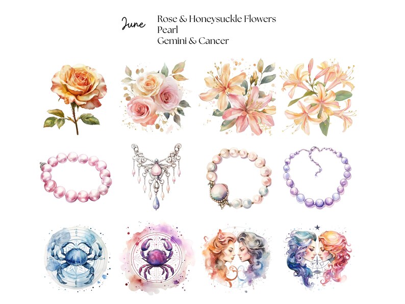June Birth Month Clipart Watercolor Rose Honeysuckle Pearl Moonstone ...