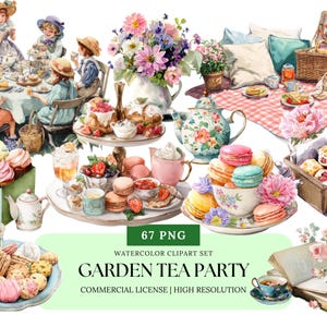 Garden Tea Party Watercolor Clipart Set | Elegant Floral Tea Time PNG Afternoon Tea Clipart
