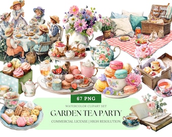 Garden Tea Party Watercolor Clipart Set | Elegant Floral Tea Time PNG Afternoon Tea Clipart