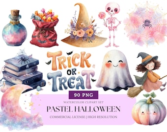 Pastel Halloween Clipart Watercolor Cute Kawaii Ghost Pumpkin Cat Witch Bats Candy Kids Halloween Party Clip Art PNG Set