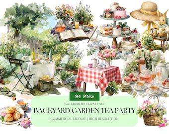 Backyard Garden Tea Party Watercolor Clipart Set | Floral Tea PNG, Cottagecore Picnic Aesthetic, Spring Wedding Invitation Clip Art