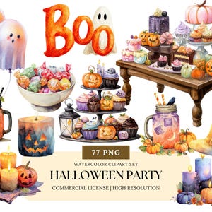 Halloween Party Decor Watercolor Clipart Set Spooky Cute Banner Balloons Table Props Digital PNG for Invitations Signs Labels Crafts
