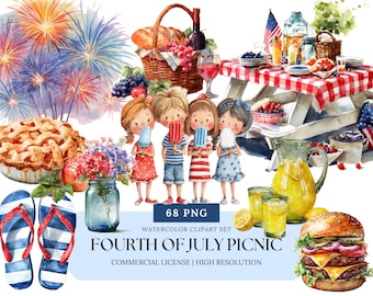 Fourth of July Picnic Watercolor Clipart Set 4th of July BBQ PNG Patriotic Picnic Food Fireworks Summer Party Decor Printable Art