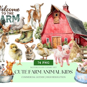 Cute Farm Animal Kids Watercolor Clipart Bundle Baby Animals PNG Tractor Barnyard Birthday Nursery Art