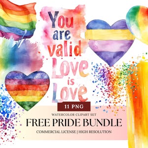 Bundle de cliparts gratuit fierté LGBTQ arc-en-ciel autocollant PNG Love is love citations téléchargement numérique aquarelle