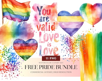Free Pride Clipart Bundle LGBTQ Rainbow Sticker PNG Love Is Love Quotes Digital Download Watercolor Art