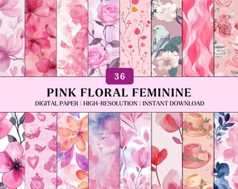 Pink Floral Digital Paper Watercolor Feminine Backgrounds Scrapbook Paper Printable Pink Texture Pack