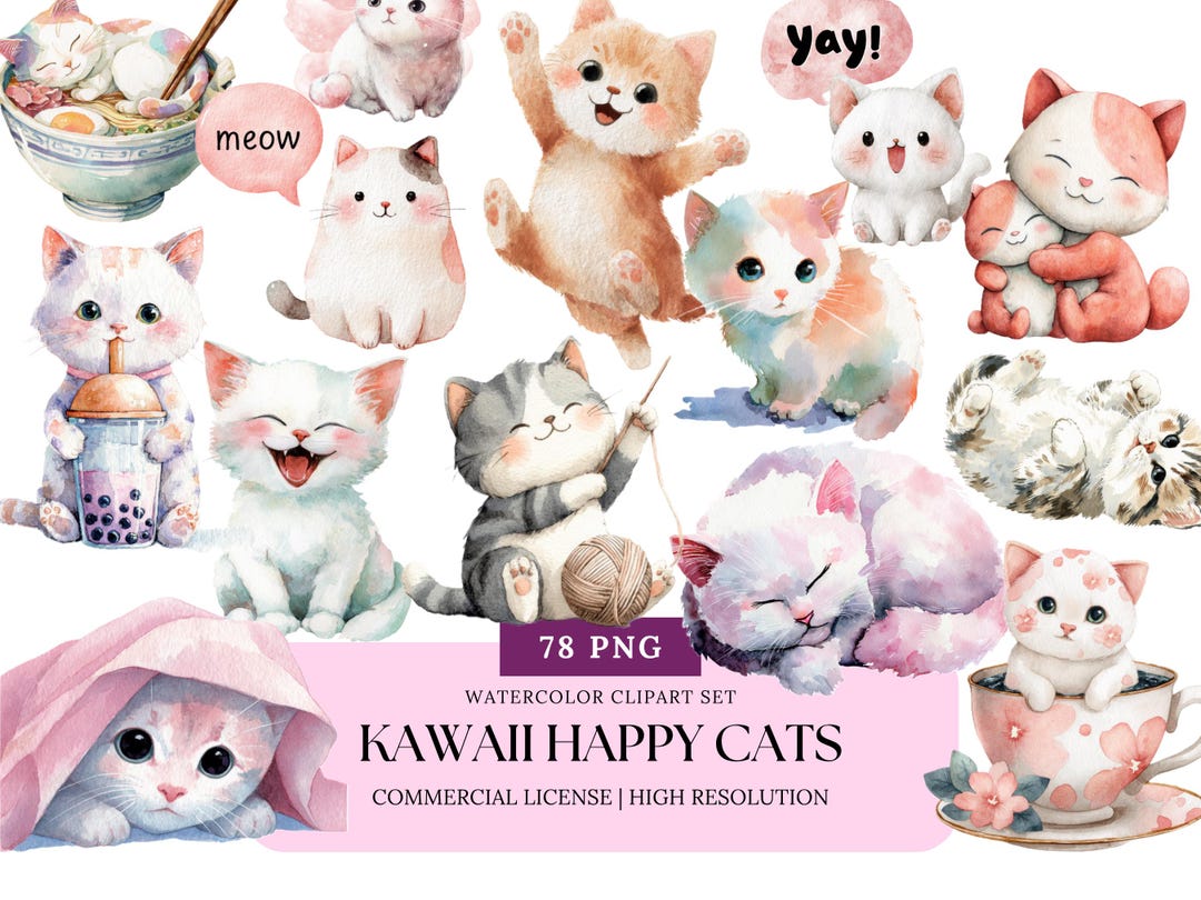 Kawaii Happy Cats Watercolor Clipart Bundle Cute Cat PNG Stickers ...