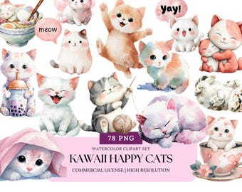 Kawaii Happy Cats Watercolor Clipart Bundle Cute Cat PNG Stickers Emotions Boba Tea Ramen Cozy Cat Art for Journaling, Digital Planners