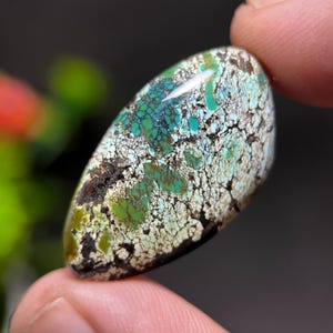 May include: An oval gemstone with a polished surface, showcasing a blend of turquoise, green, and brown colours. The stone's surface features a network of fine, white lines, creating a textured effect. The gemstone is held between two fingers.