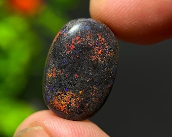 May include: Oval-shaped black opal gemstone with vibrant red, orange, and blue flashes. The gemstone is held between two fingers, showcasing its polished surface and unique color play. The opal is a natural gemstone.