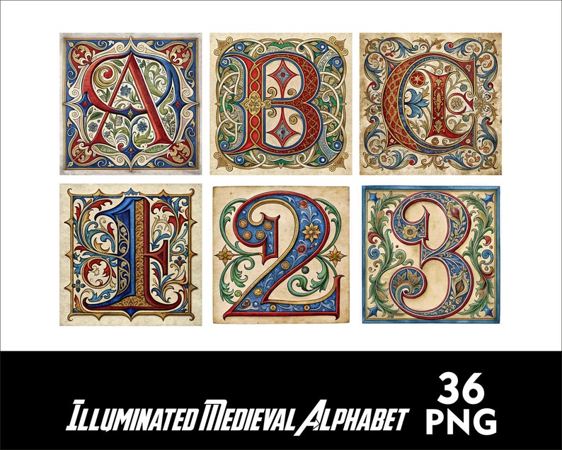 May include: A set of 36 illuminated medieval alphabet letters and numbers. The letters are in a decorative, ornate style with red, blue, and gold accents. The letters are set against a parchment background.