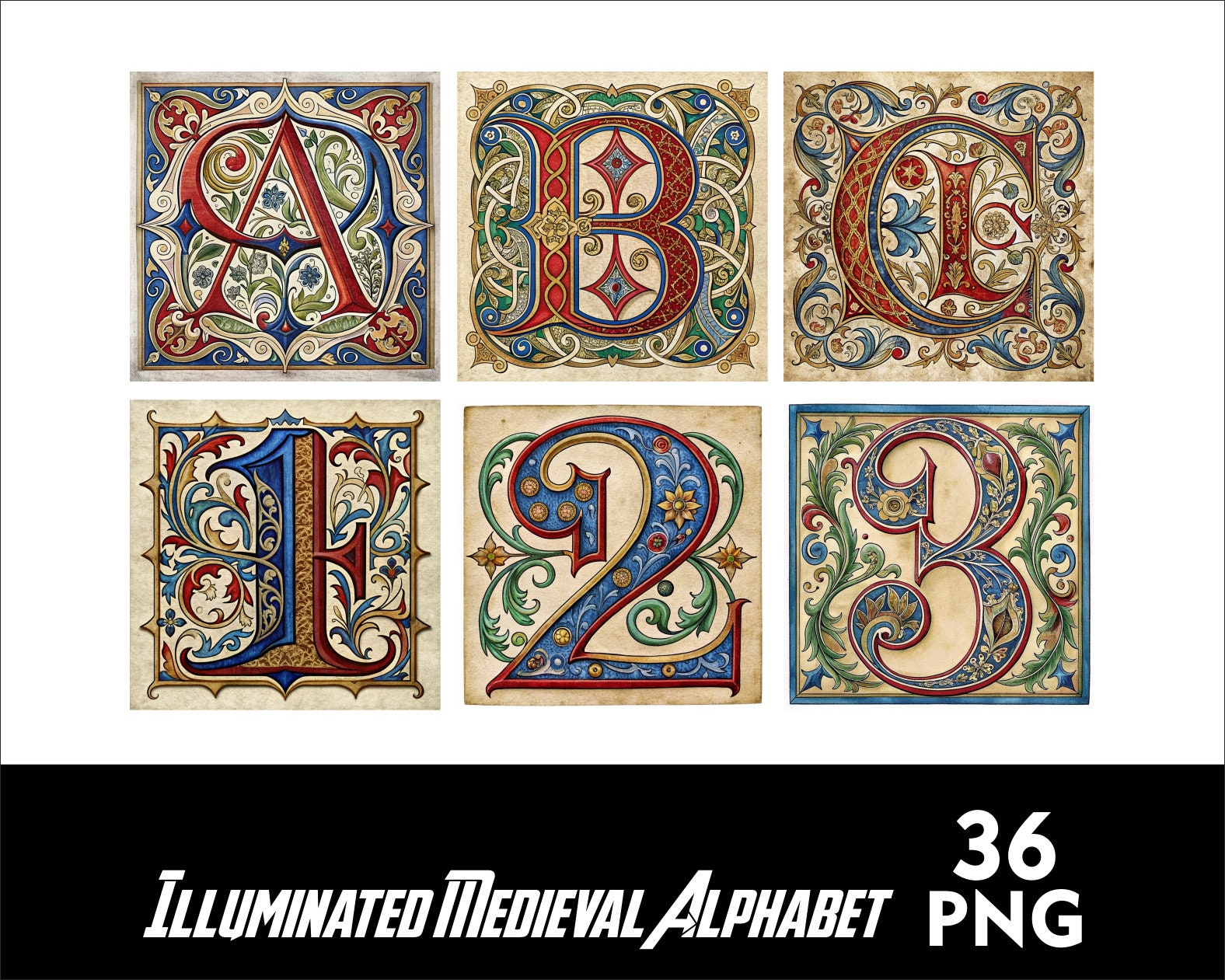 Illuminated Letters Medieval Alphabet PNG Alphabet English Alphabet Clipart Floral Clipart Illuminated Alphabet and Numbers PNG