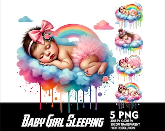 5 PNG Baby Girl Sleeping Cloud Splash Watercolor Transparent PNG file for Sublimation 300Dpi High Resolution PNG Babies Girl