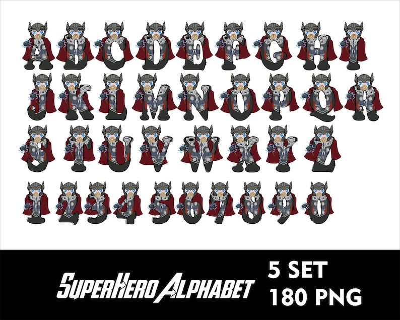 May include: A set of 26 alphabet letters and 10 numbers designed as cartoon superheroes. Each letter and number is a superhero wearing a red cape and a helmet. The letters and numbers are in a white background. The text "SUPERHERO ALPHABET 5 SET 180 PNG" is at the bottom of the image.