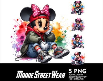 5 PNG StreetWear Minnie Png Girl Mouse Aquarelle Splash Png Fichier PNG Transparent pour sublimation 300Dpi haute résolution PNG Girl Minnie