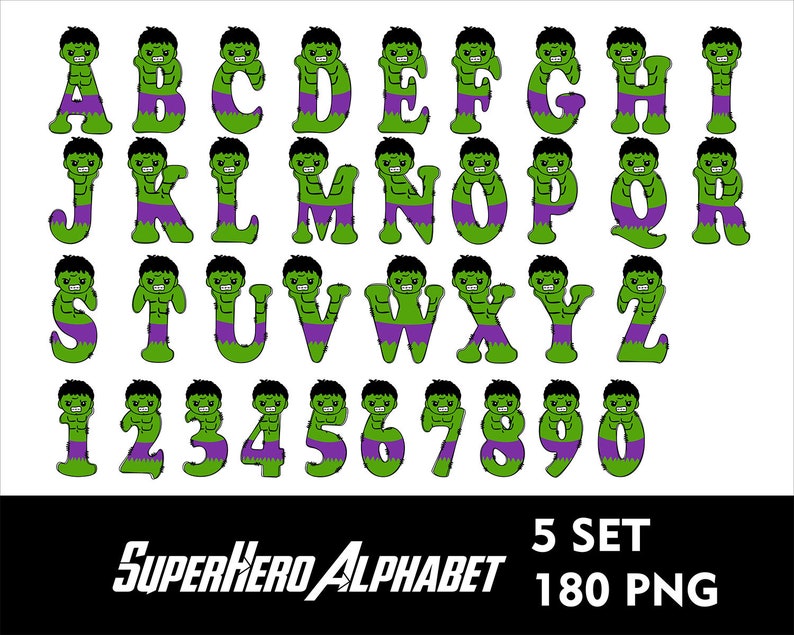 May include: A set of 180 PNG images featuring a green and purple alphabet and numbers in a cartoon style. The letters and numbers are depicted as a superhero character with a green body, purple shorts, and a black mask.
