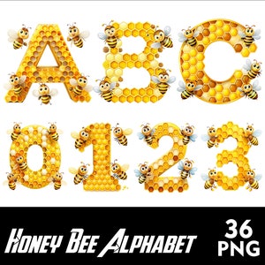 May include: Honey Bee Alphabet clipart set of 36 PNG images. The letters A, B, C, and numbers 0, 1, 2, and 3 are formed from yellow honeycomb with cartoon bees surrounding each letter and number.
