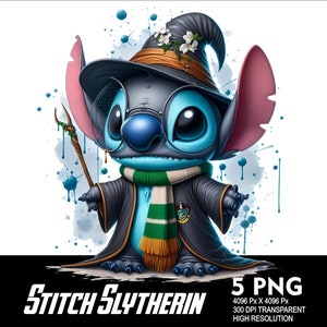 May include: A digital illustration of Stitch, dressed as a wizard in a black robe and hat, with a green and gold scarf. The image has a watercolor effect with blue paint splatters and the text "Stitch Slytherin".