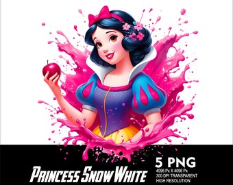 Op de afbeelding: Prinses Sneeuwwitje met een rode appel in haar hand, omringd door roze verfspatten. De afbeelding is een digitale illustratie.
