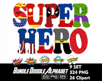 SuperHero Alphabet Svg Png Bundle 9set Avanger Super Hero Letters Super Hero Doodle Letters Kids Sublimation Font Hero Font Svg Eps Png