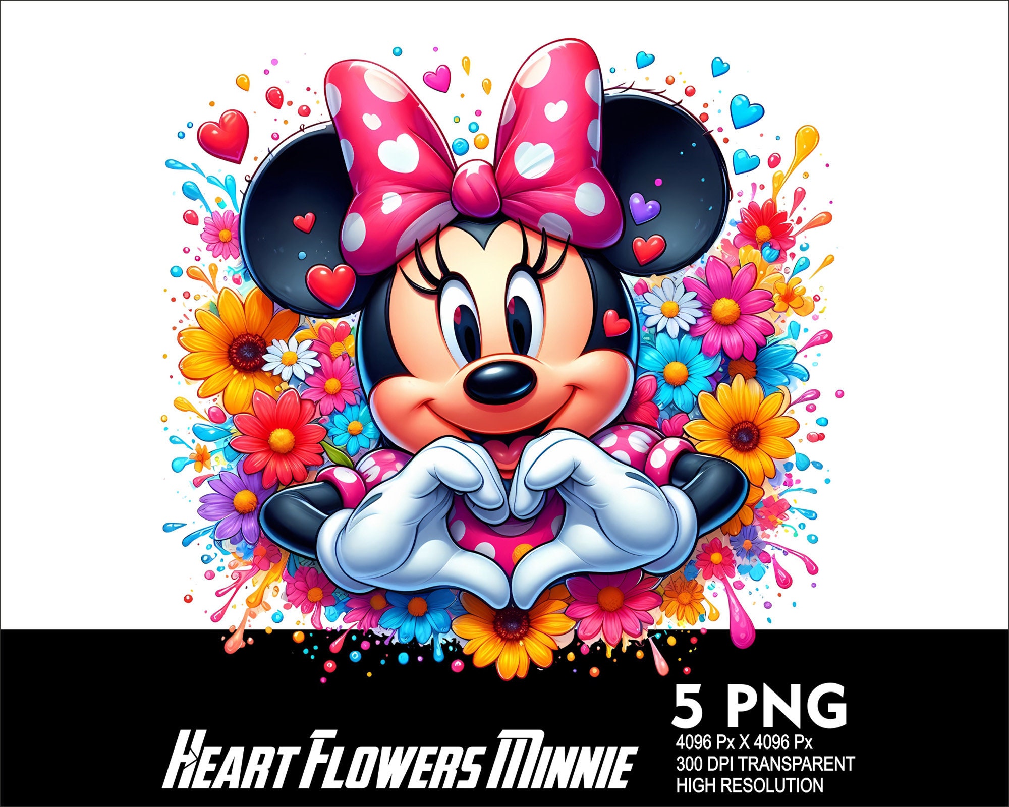 5 PNG Heart Mouse Girl Flowers Splash and Watercolor Transparent Png file for Sublimation 300Dpi High Resolution Png DTG Design Png Minnie